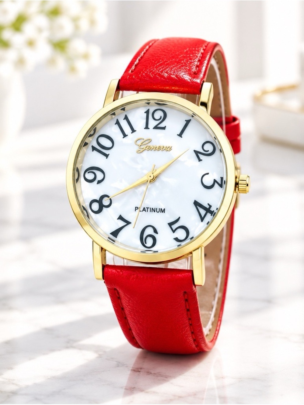2394-169 Geneva Gold-Tone Watch with Red Leather Strap